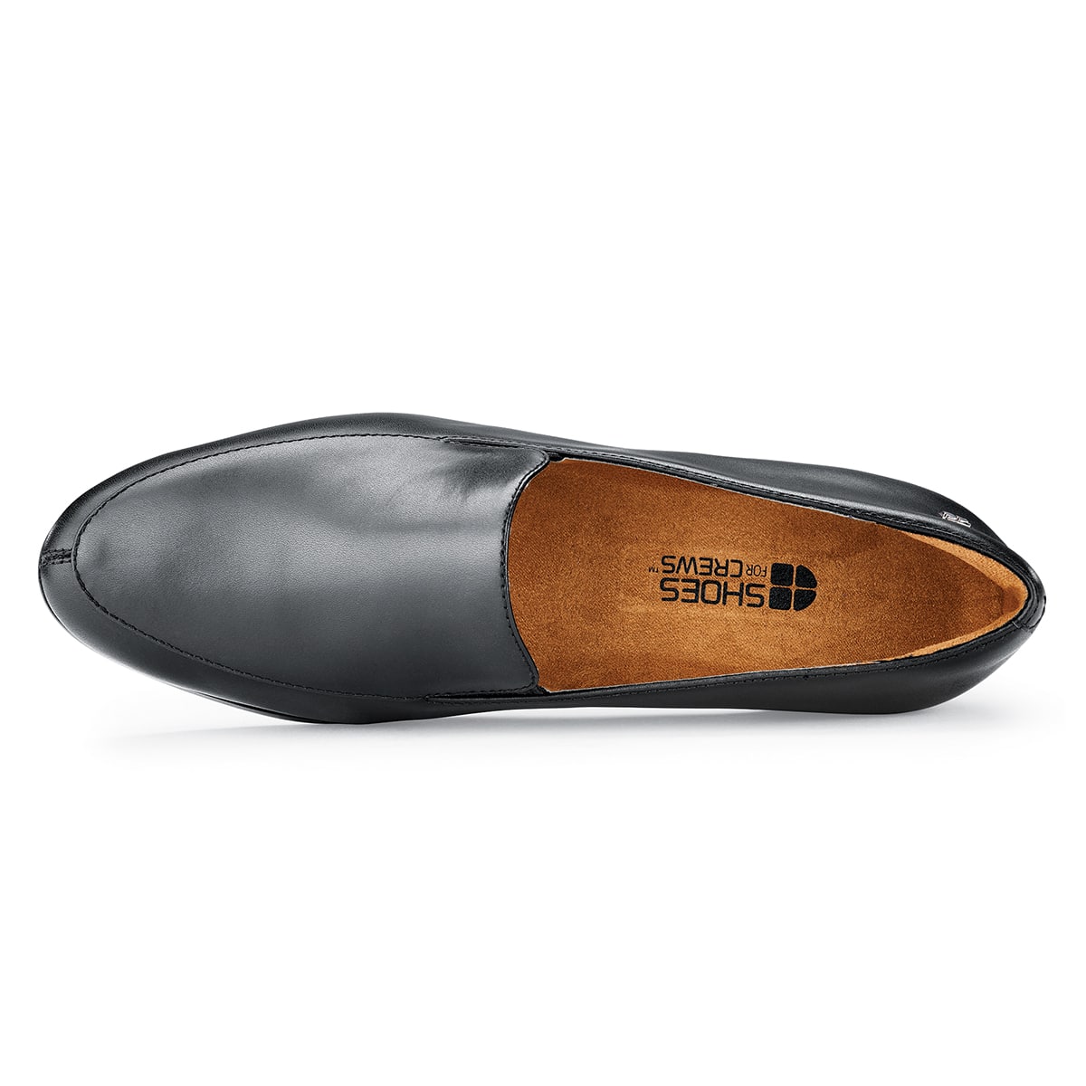 The Envy III Wide from Shoes For Crews is a slip-resistant shoe made with a durable, water-resistant leather upper, seen from above.