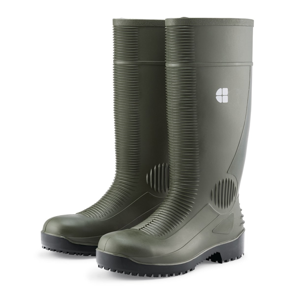 Slip resistant green wellington boot with steel toe cap (200 Joules) and water resistant upper, pair seen in the left profile.