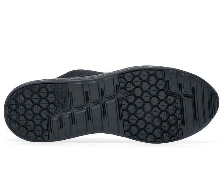 The Everlight Mens Black from Shoes For Crews are breathable slip-resistant trainers which are lightweight and easy to clean, seen from below.