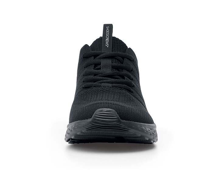 The Everlight Mens Black from Shoes For Crews are breathable slip-resistant trainers which are lightweight and easy to clean, seen from the front.