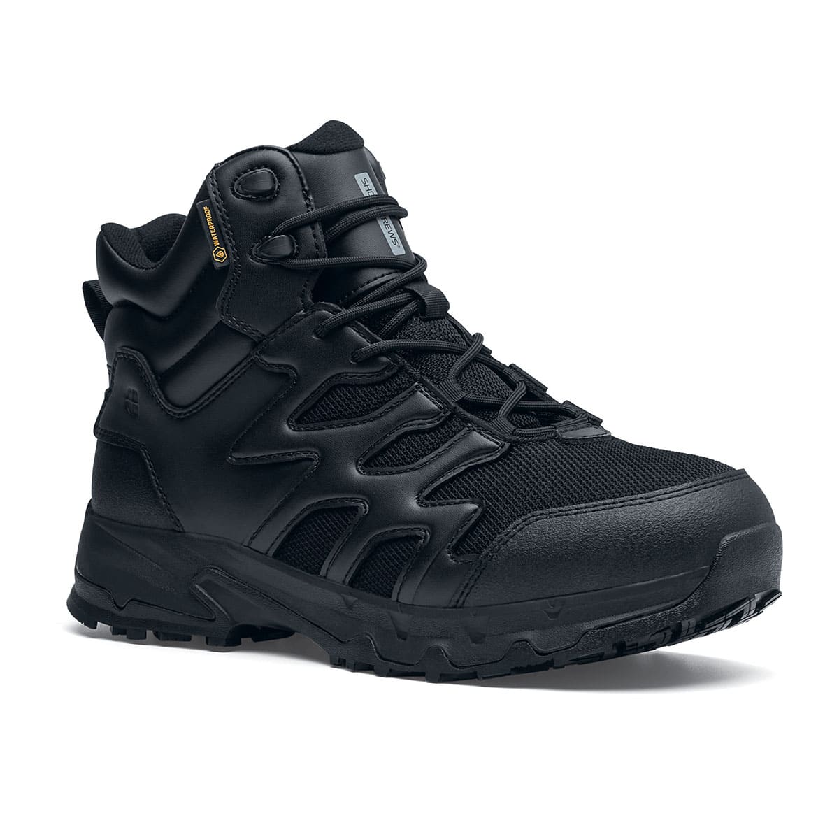 The Shoes for Crews Carrig Mid is a slip-resistant safety boot with a waterproof upper, seen from the right profile.