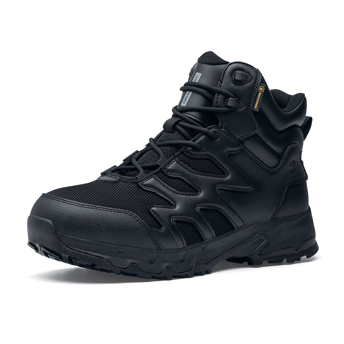 The Shoes for Crews Carrig Mid is a slip-resistant safety boot with a waterproof upper, seen from the left profile.