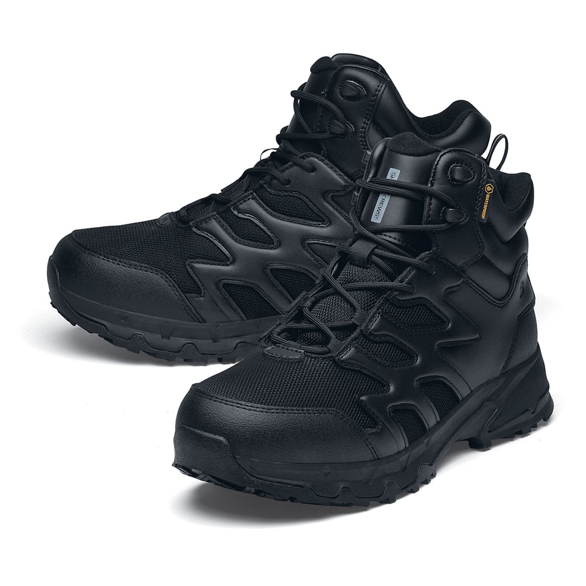 The Shoes for Crews Carrig Mid is a slip-resistant safety boot with a waterproof upper, pair seen in the left profile with the tip of the left shoe emphasised.