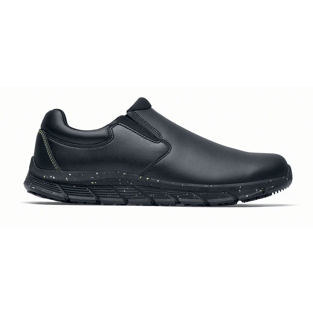The Shoes for Crews Cater Eco Women's Black is a sustainable, slip-resistant safety shoe, seen from the right.