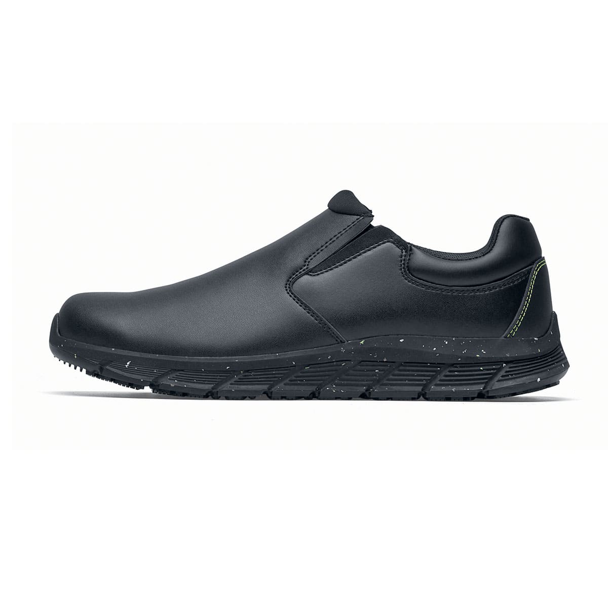 The Shoes for Crews Cater Eco Women's Black is a sustainable, slip-resistant safety shoe, seen from the left.