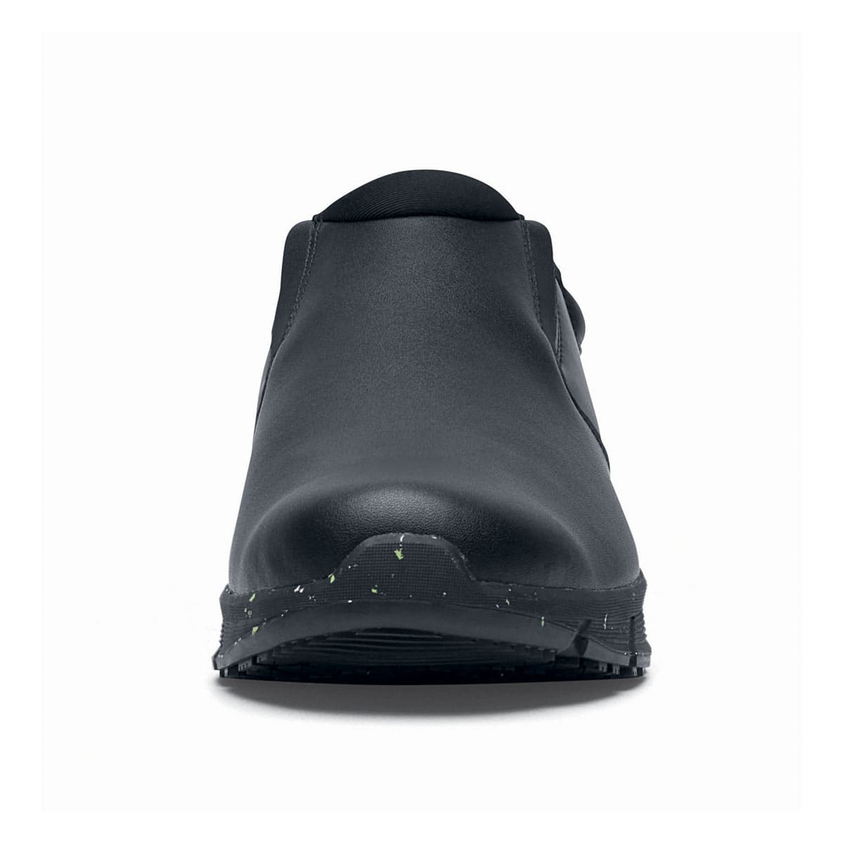 The Shoes for Crews Cater Eco Women's Black is a sustainable, slip-resistant safety shoe, seen from the front.