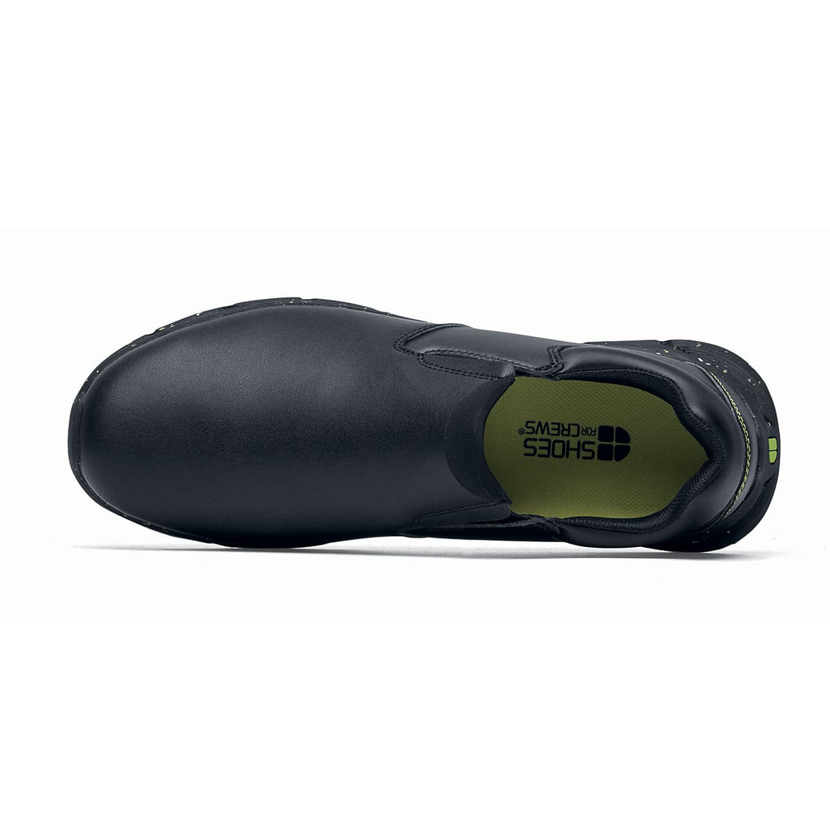 The Shoes for Crews Cater Eco Women's Black is a sustainable, slip-resistant safety shoe,seen from the above.