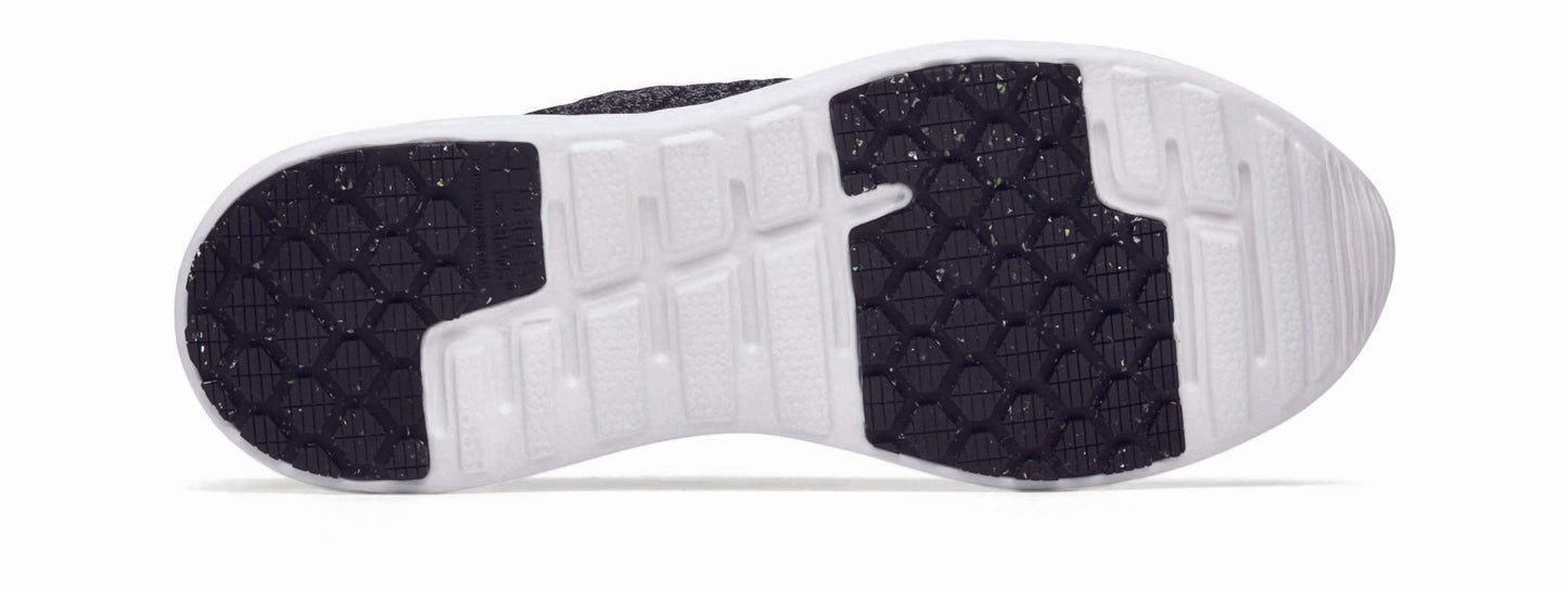 The Everlight™ ECO Womens Black/Grey from Shoes For Crews are lightweight, breathable slip-resistant trainers made from recycled materials, seen from below.