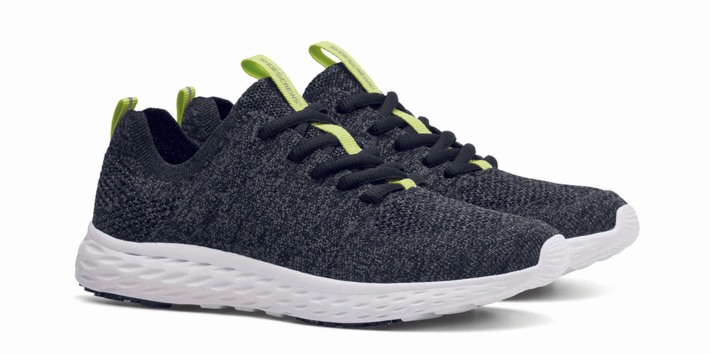 The Everlight™ ECO Womens Black/Grey from Shoes For Crews are lightweight, breathable slip-resistant trainers made from recycled materials, pair seen in profile on the right.
