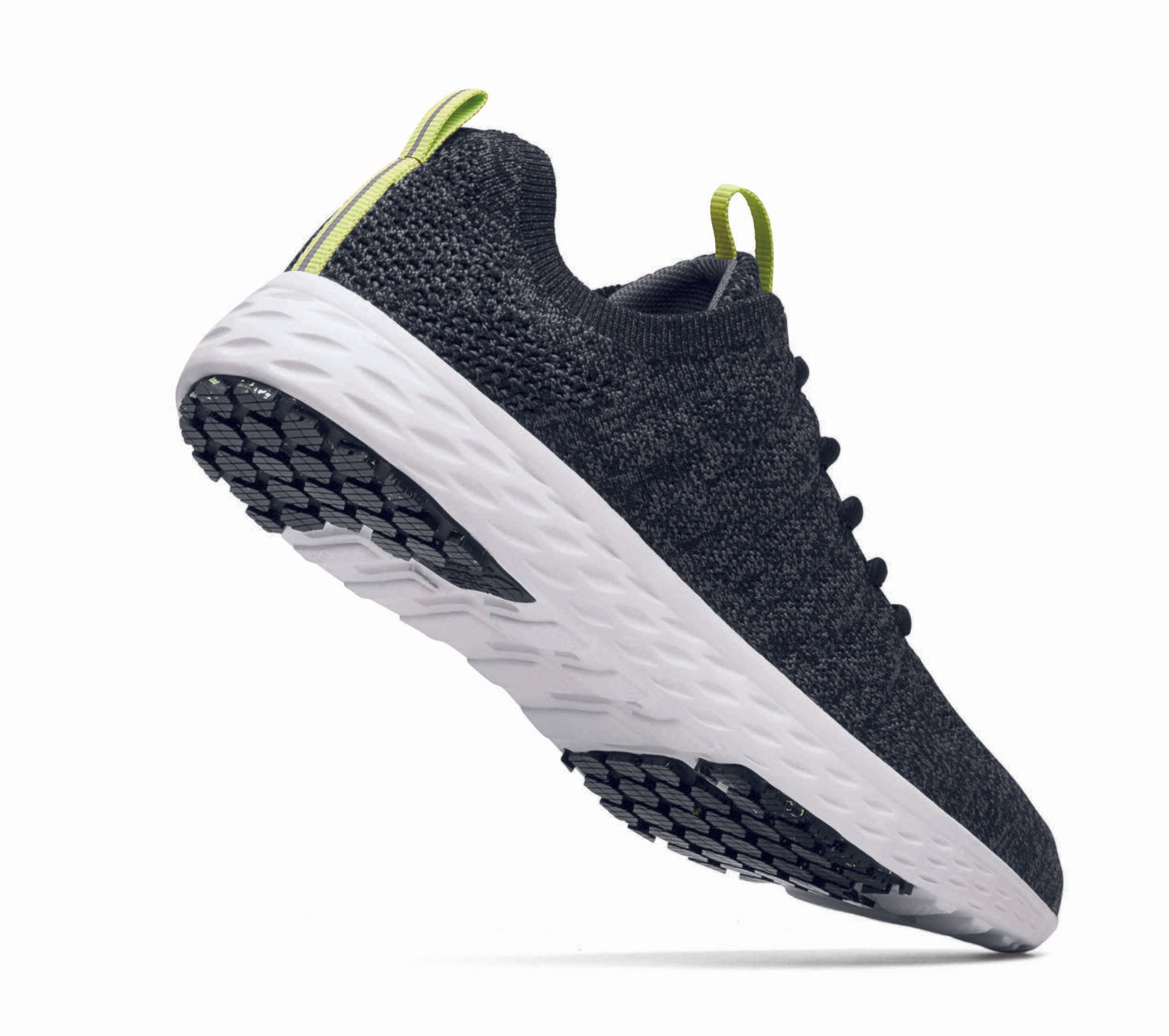 The Everlight™ ECO Womens Black/Grey from Shoes For Crews are lightweight, breathable slip-resistant trainers made from recycled materials, seen from the perpendicular.