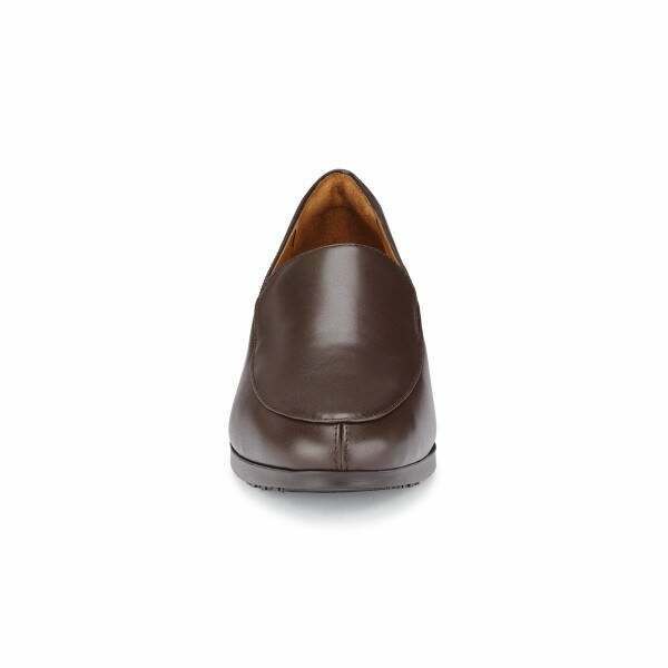 The Envy III Brown from Shoes For Crews is a slip-resistant shoe made with a durable, water-resistant leather upper, seen from the front.