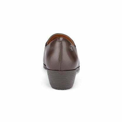 The Envy III Brown from Shoes For Crews is a slip-resistant shoe made with a durable, water-resistant leather upper, seen from the back.