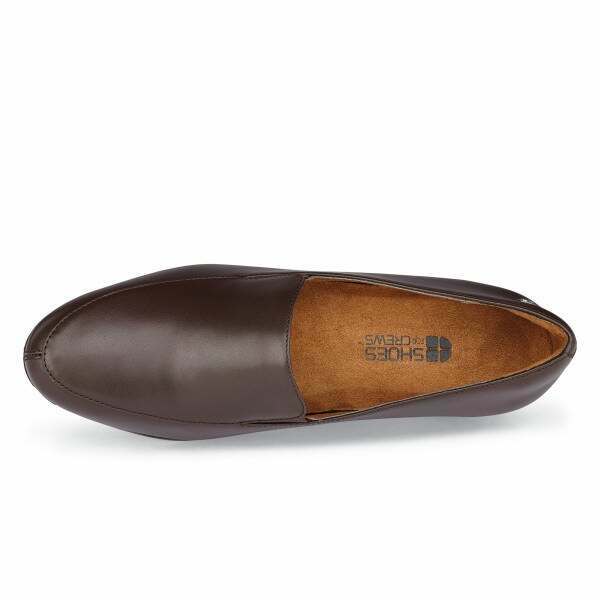 The Envy III Brown from Shoes For Crews is a slip-resistant shoe made with a durable, water-resistant leather upper, seen from above.