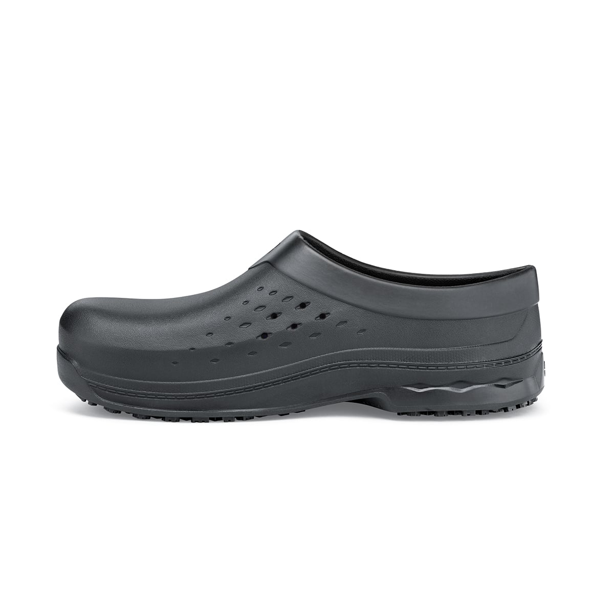 The Radium from Shoes For Crews are slip-on, slip-resistant shoes designed to provide comfort throughout the day, seen from the left.