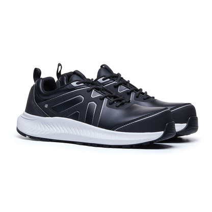 The Colly Black from Shoes For Crews has a slip-resistant, clog-resistant sole with TripGuard technology, a nanocomposite toecap (200 joules) and removable cushioned insoles,  pair seen in profile on the right.