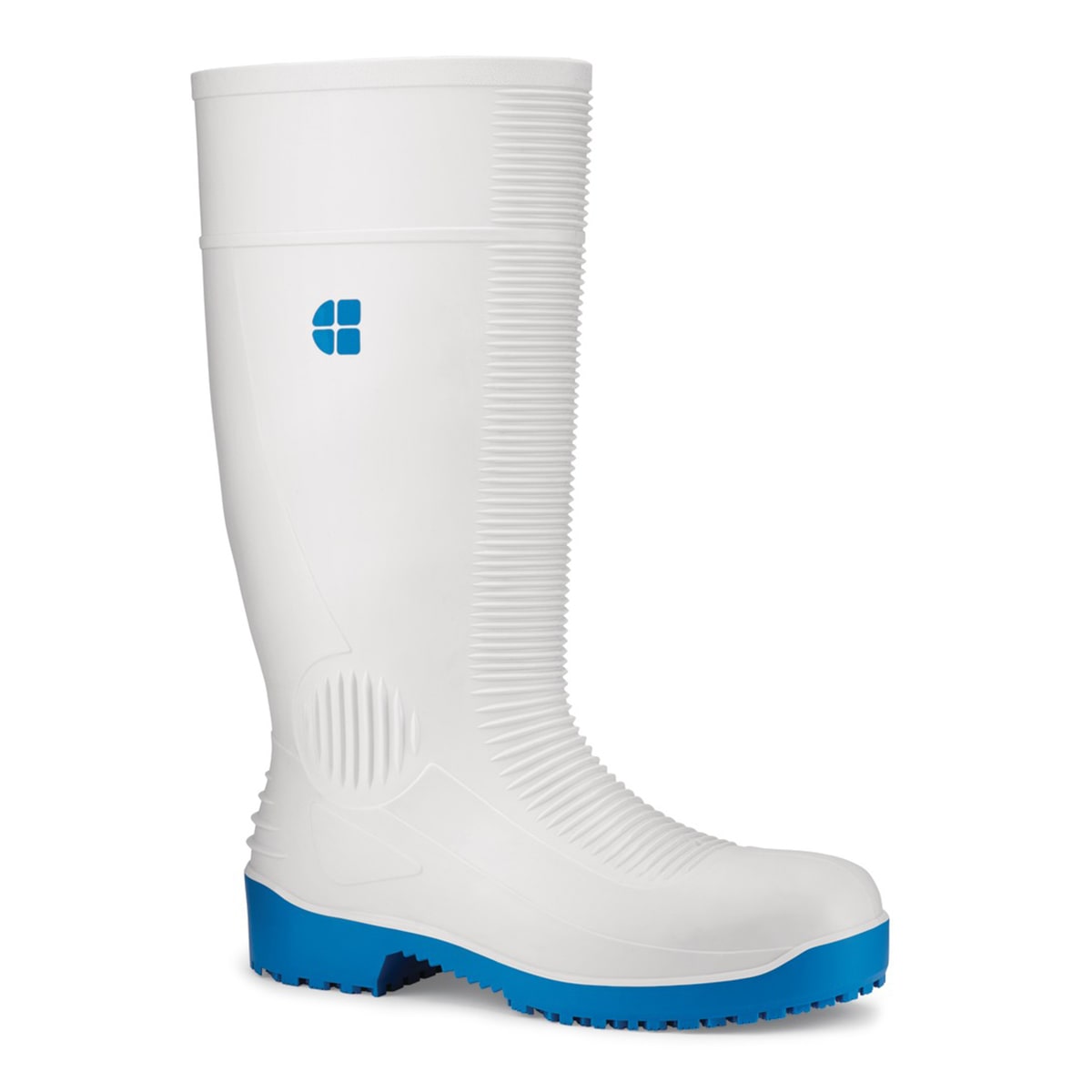 Slip resistant white wellington boot with steel toe cap (200 Joules) and water resistant upper, right profile view.
