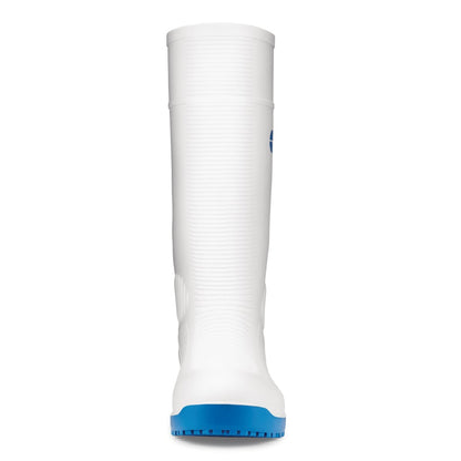 Slip resistant white wellington boot with steel toe cap (200 Joules) and water resistant upper, seen from the front.