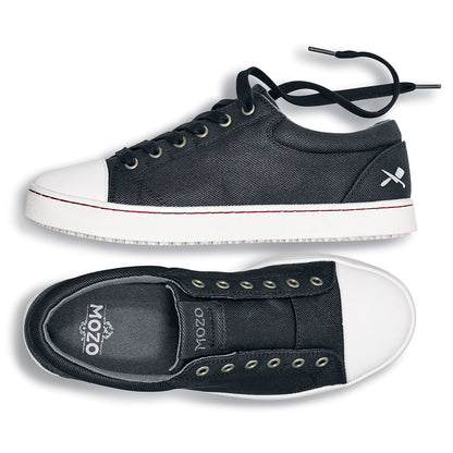 Mzo's Grind for Shoes For Crews are slip-resistant, vegan and water-resistant trainers, seen horizontally from above and from the side.