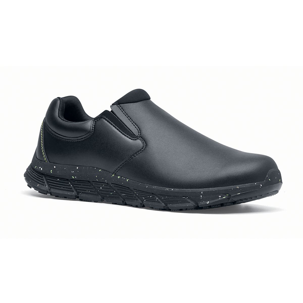 The Shoes for Crews Cater Eco Men's Black is a sustainable, slip-resistant safety shoe, seen from the right profile.