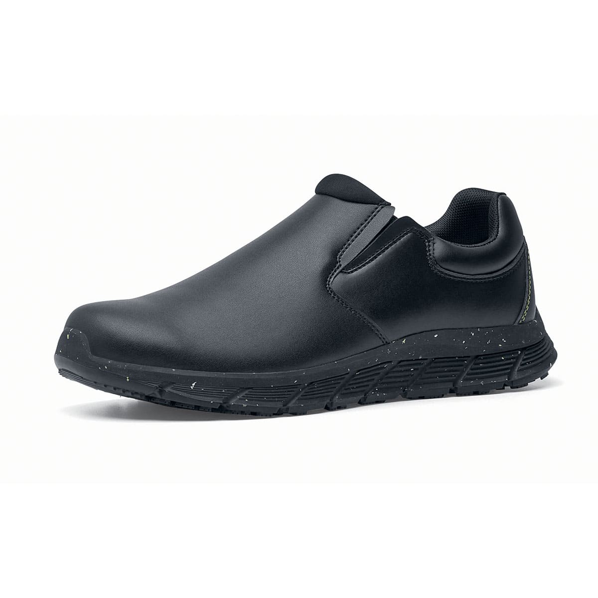 The Shoes for Crews Cater Eco Men's Black is a sustainable, slip-resistant safety shoe, seen from the left profile.