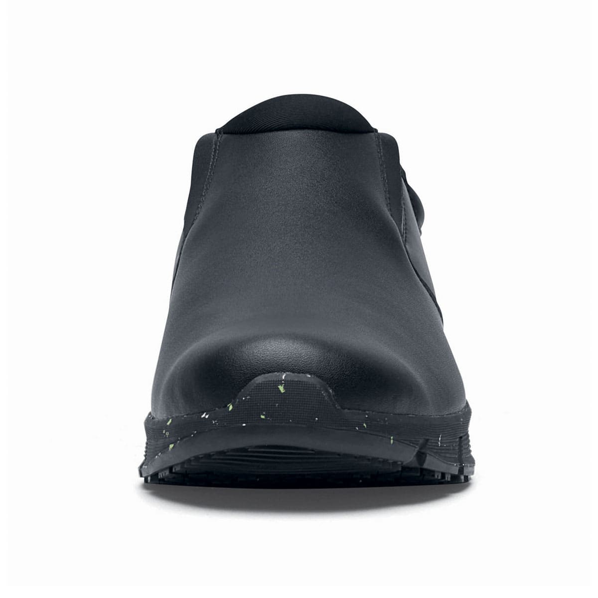 The Shoes for Crews Cater Eco Men's Black is a sustainable, slip-resistant safety shoe, seen from the front.