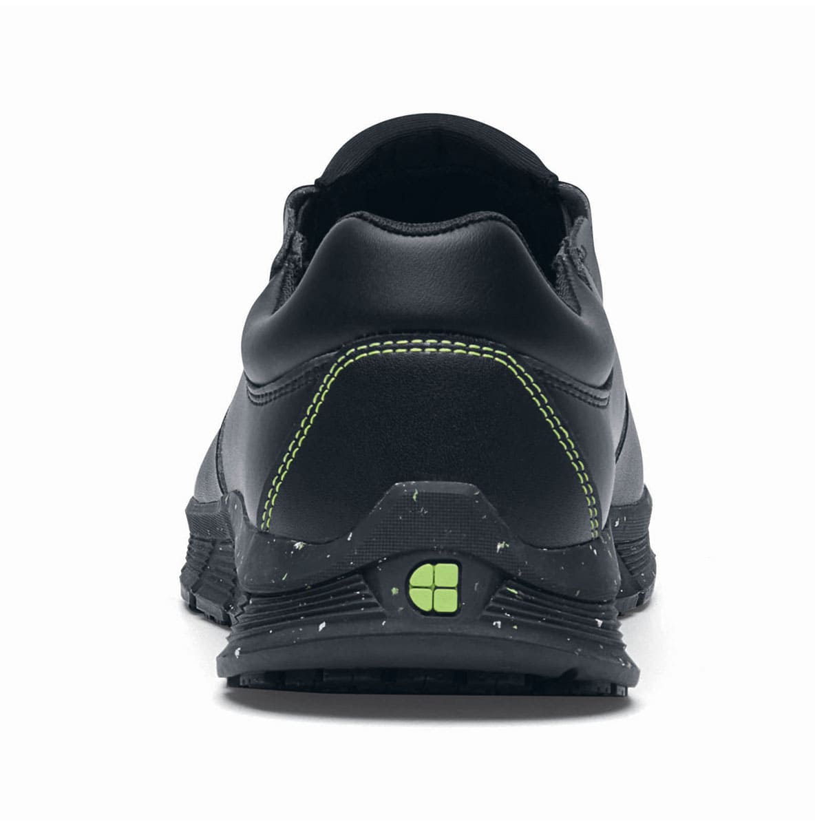 The Shoes for Crews Cater Eco Men's Black is a sustainable, slip-resistant safety shoe, seen from the back.