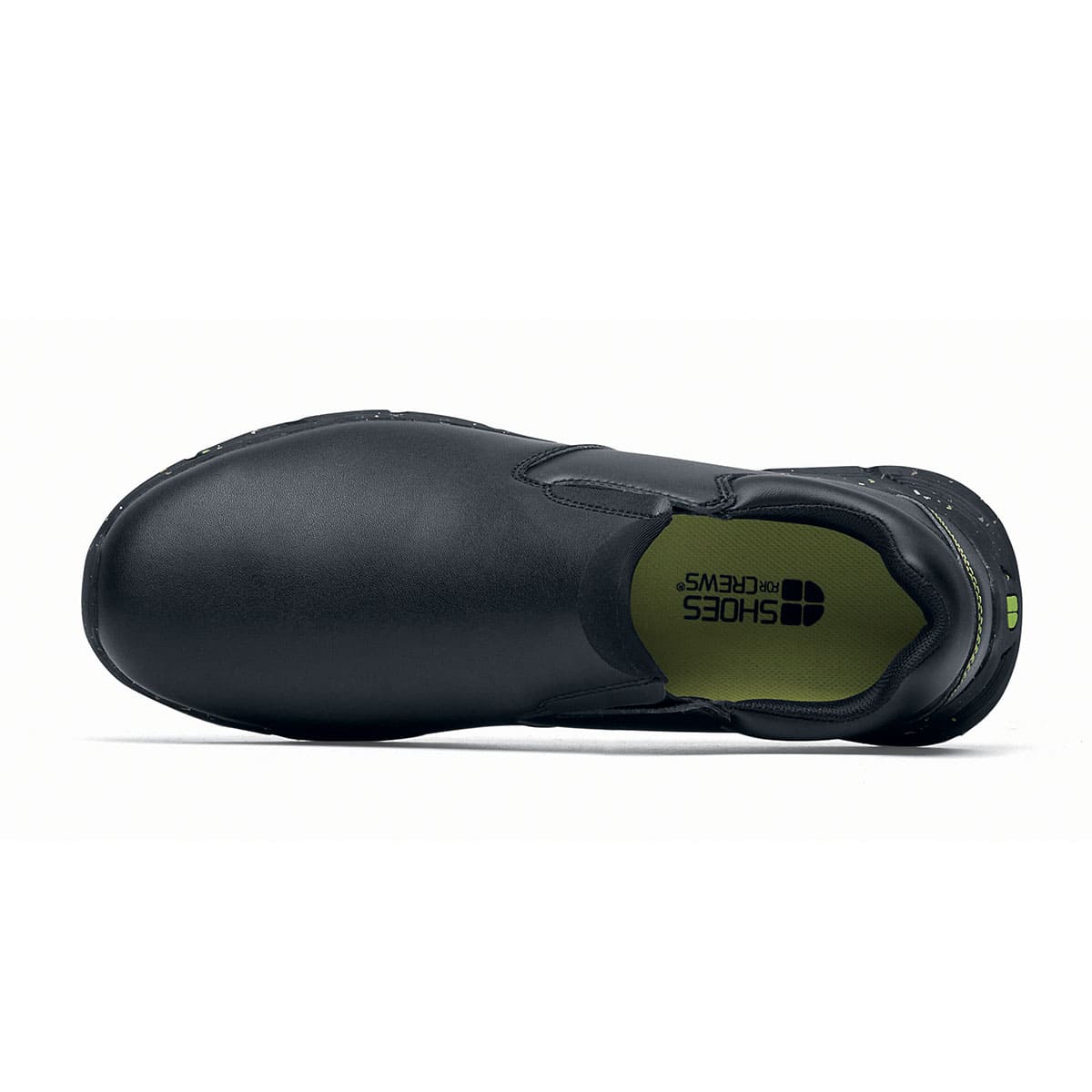 The Shoes for Crews Cater Eco Men's Black is a sustainable, slip-resistant safety shoe, seen from the above.