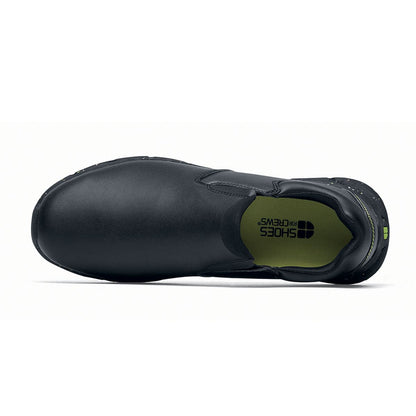 The Shoes for Crews Cater Eco Men's Black is a sustainable, slip-resistant safety shoe, seen from the above.