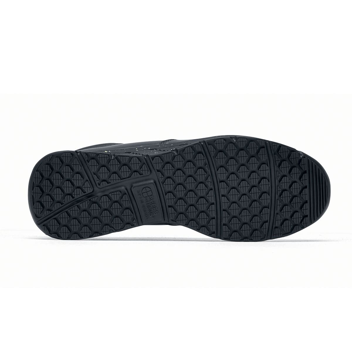 The Shoes for Crews Cater Eco Men's Black is a sustainable, slip-resistant safety shoe, seen from the bellow.
