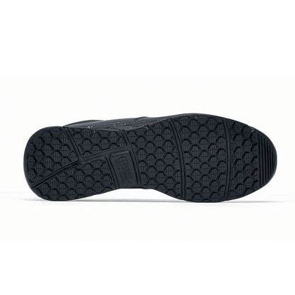 The Shoes for Crews Cater Eco Men's Black is a sustainable, slip-resistant safety shoe, seen from the bellow.