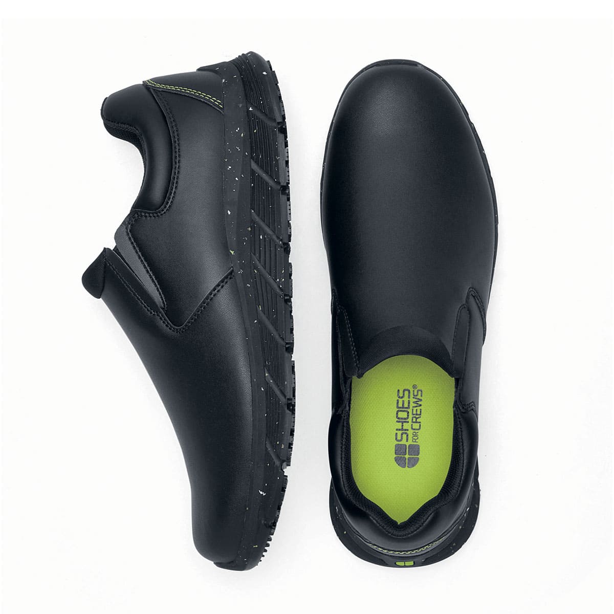 The Shoes for Crews Cater Eco Men's Black is a sustainable, slip-resistant safety shoe, seen vertically from the side and from above.