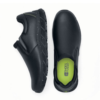 The Shoes for Crews Cater Eco Men's Black is a sustainable, slip-resistant safety shoe, seen vertically from the side and from above.