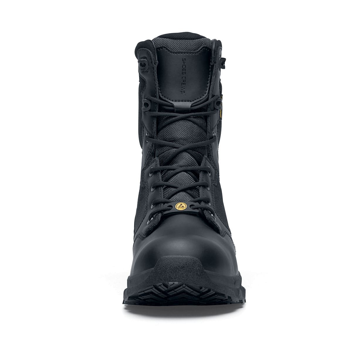 Darver from Shoes For Crews are safety boots with a superior slip-resistant outsole and materials resistant to water- and blood-borne pathogens, seen from the front.