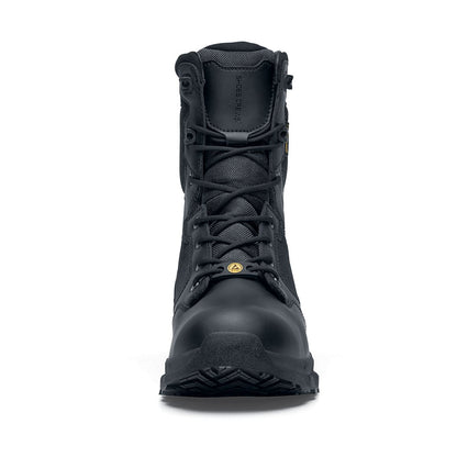 Darver from Shoes For Crews are safety boots with a superior slip-resistant outsole and materials resistant to water- and blood-borne pathogens, seen from the front.