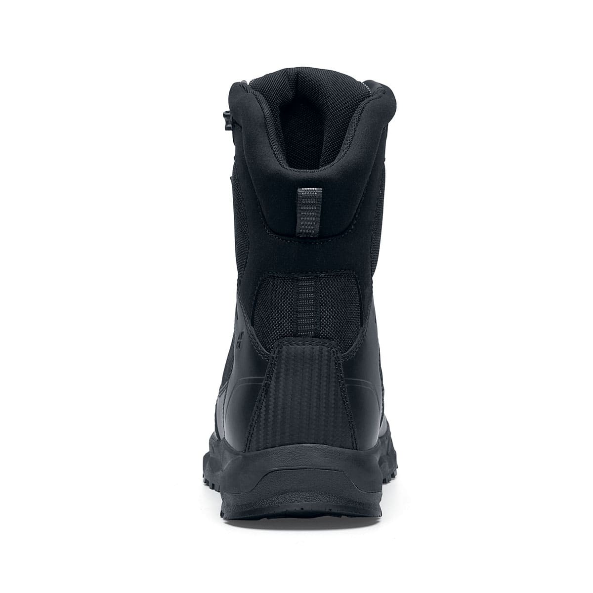 Darver from Shoes For Crews are safety boots with a superior slip-resistant outsole and materials resistant to water- and blood-borne pathogens,  seen from the back.