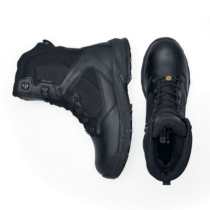 Darver from Shoes For Crews are safety boots with a superior slip-resistant outsole and materials resistant to water- and blood-borne pathogens, pair seen from the side and from above.