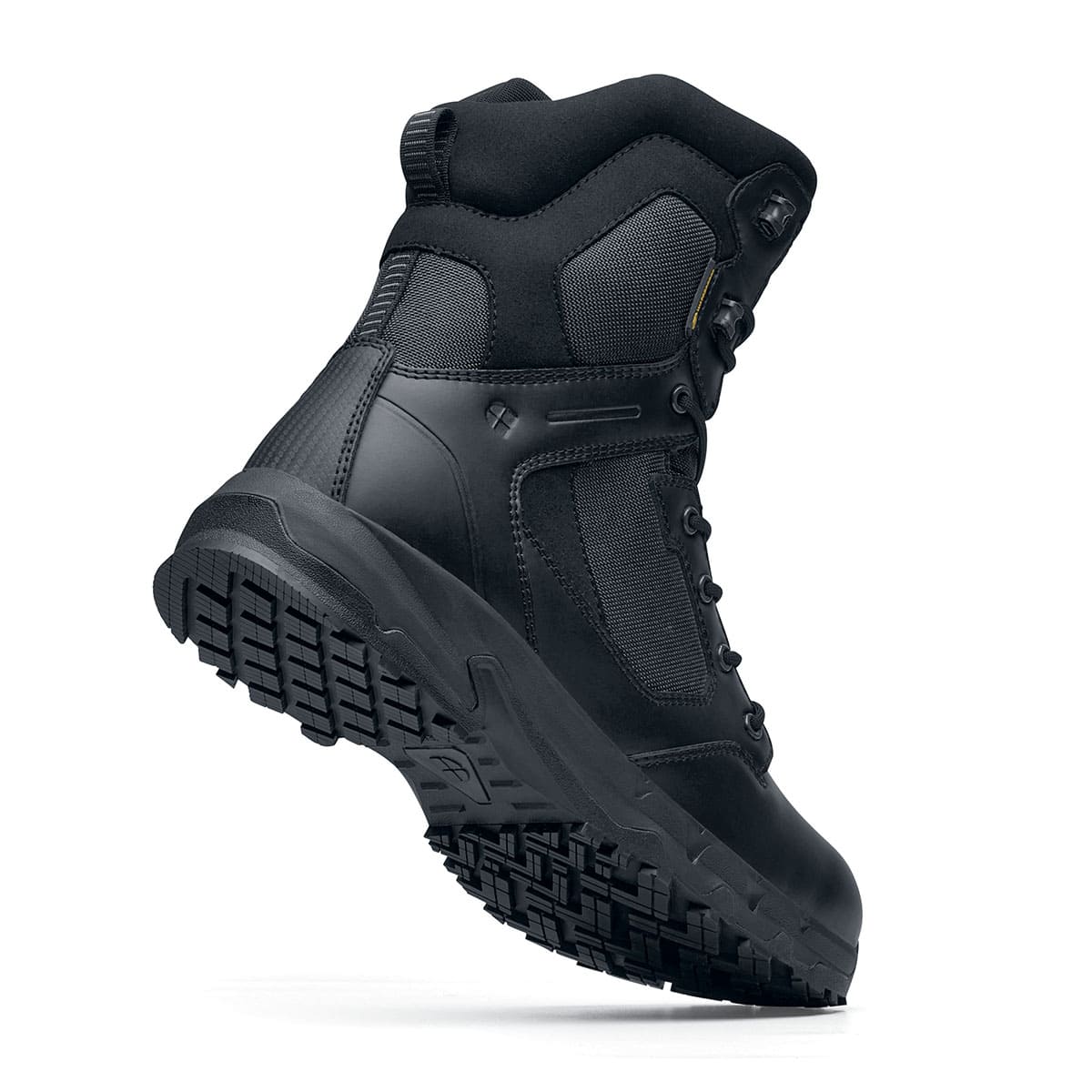 Darver from Shoes For Crews are safety boots with a superior slip-resistant outsole and materials resistant to water- and blood-borne pathogens, seen from the perpendicular.