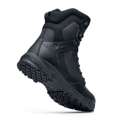Darver from Shoes For Crews are safety boots with a superior slip-resistant outsole and materials resistant to water- and blood-borne pathogens, seen from the perpendicular.