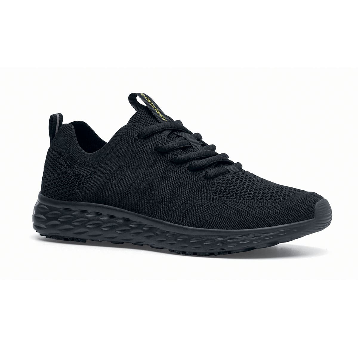 The Everlight™ Everlight Eco Women's Black from Shoes For Crews are lightweight and breathable slip-resistant trainers made from recycled materials, seen from the right profile.