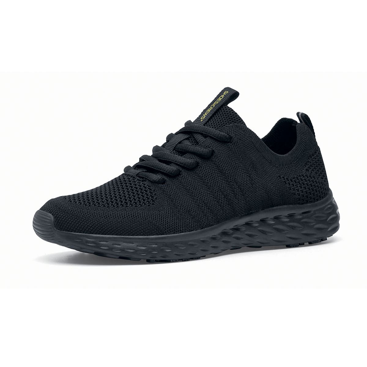 The Everlight™ Everlight Eco Women's Black from Shoes For Crews are lightweight and breathable slip-resistant trainers made from recycled materials, seen from the left profile.