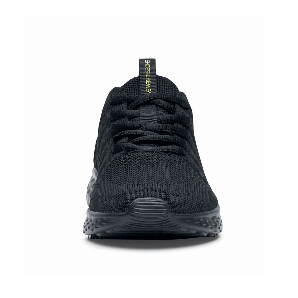 The Everlight™ Everlight Eco Women's Black from Shoes For Crews are lightweight and breathable slip-resistant trainers made from recycled materials, seen from the front.