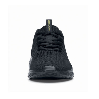 The Everlight™ Everlight Eco Women's Black from Shoes For Crews are lightweight and breathable slip-resistant trainers made from recycled materials, seen from the front.