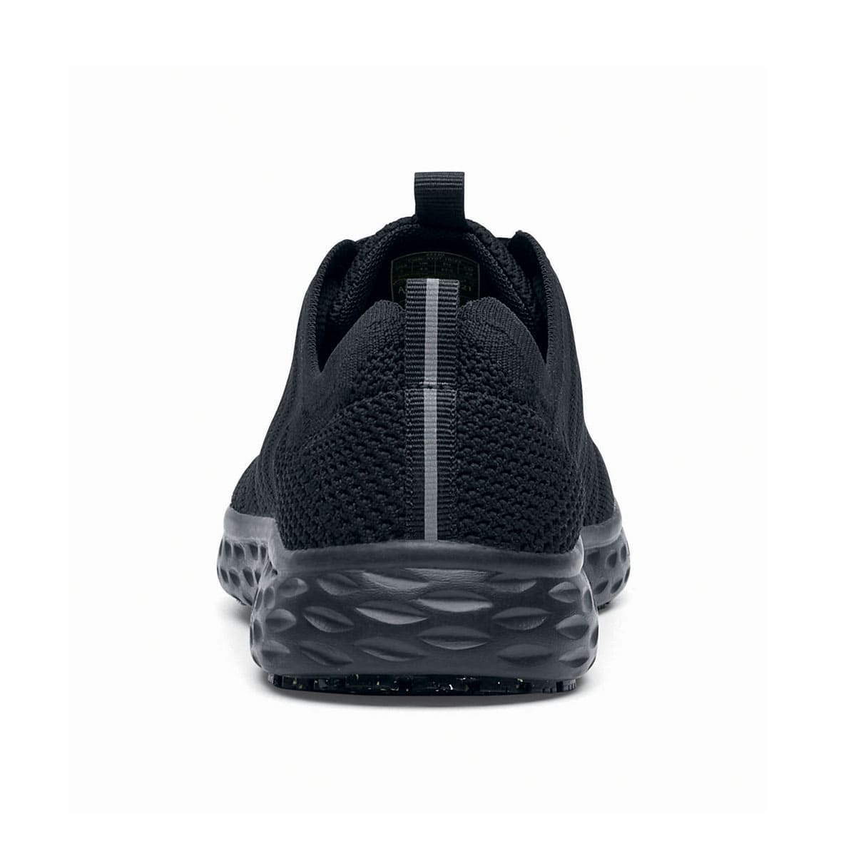 The Everlight™ Everlight Eco Women's Black from Shoes For Crews are lightweight and breathable slip-resistant trainers made from recycled materials, seen from the back.