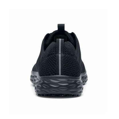The Everlight™ Everlight Eco Women's Black from Shoes For Crews are lightweight and breathable slip-resistant trainers made from recycled materials, seen from the back.