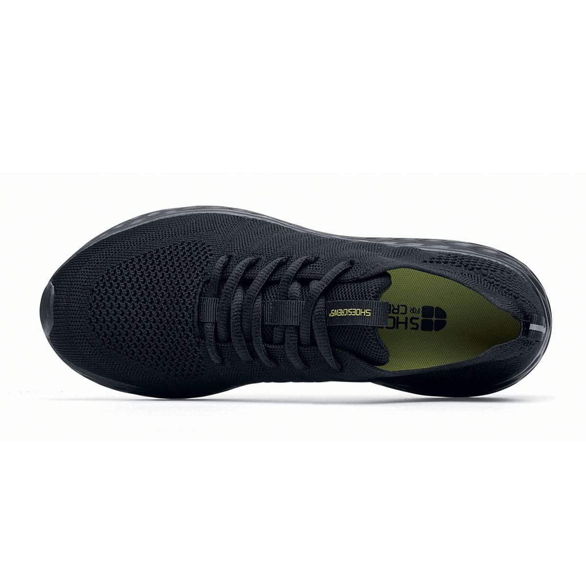 The Everlight™ Everlight Eco Women's Black from Shoes For Crews are lightweight and breathable slip-resistant trainers made from recycled materials,  seen from above.