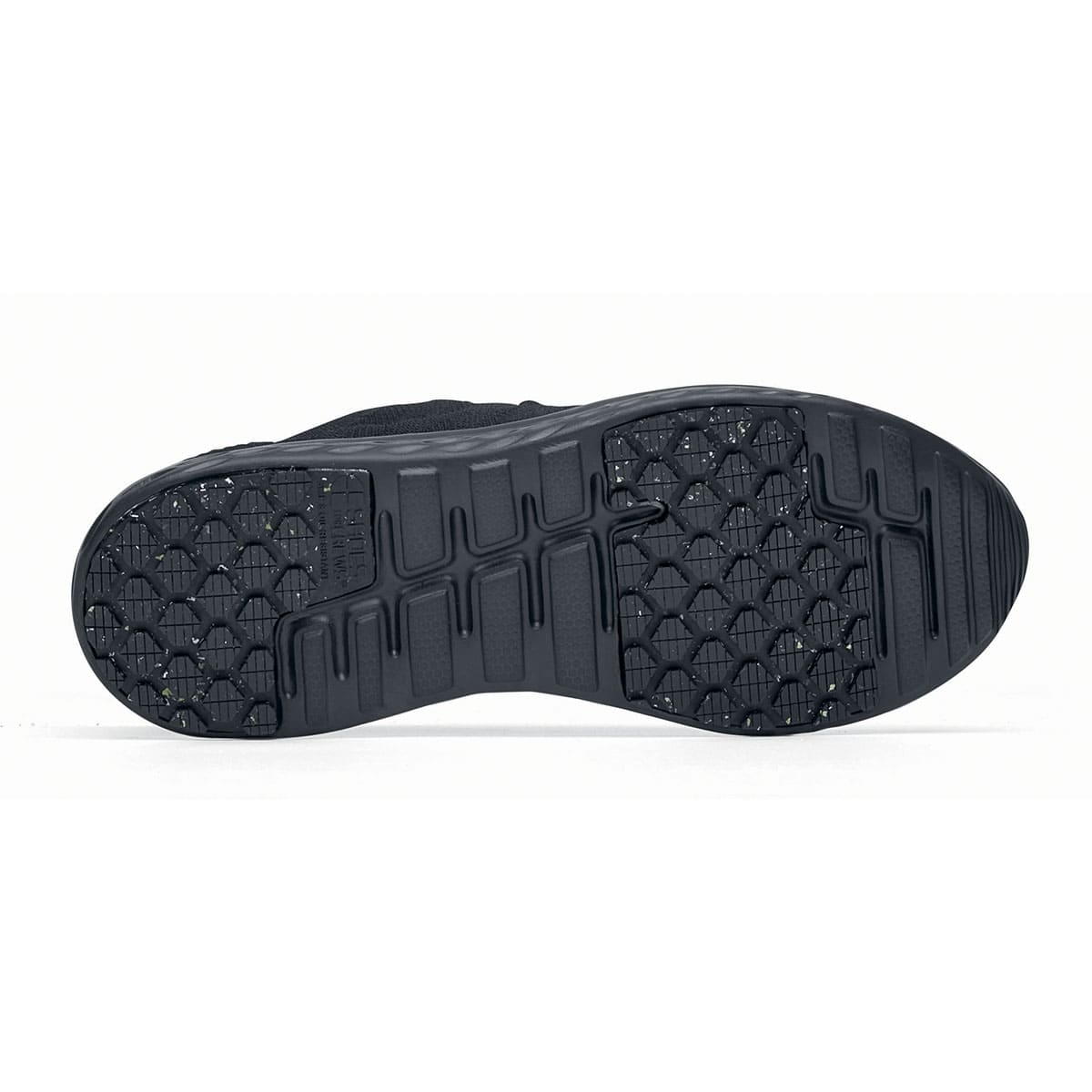 The Everlight™ Everlight Eco Women's Black from Shoes For Crews are lightweight and breathable slip-resistant trainers made from recycled materials, seen from below.
