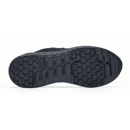 The Everlight™ Everlight Eco Women's Black from Shoes For Crews are lightweight and breathable slip-resistant trainers made from recycled materials, seen from below.