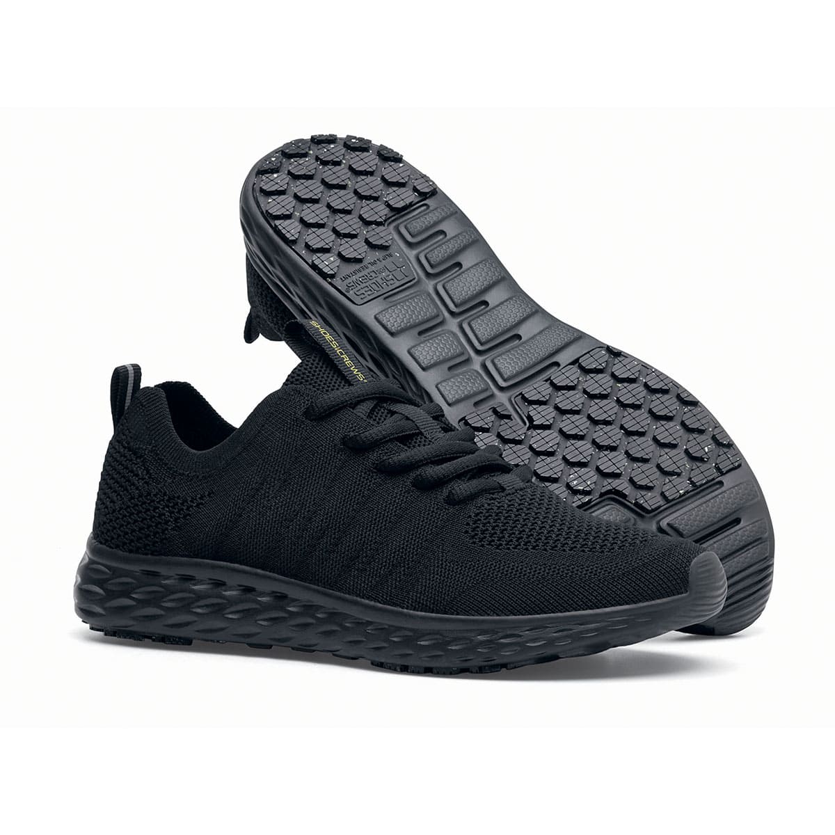 The Everlight™ Everlight Eco Women's Black from Shoes For Crews are lightweight and breathable slip-resistant trainers made from recycled materials,pair seen from the right side and the sole.