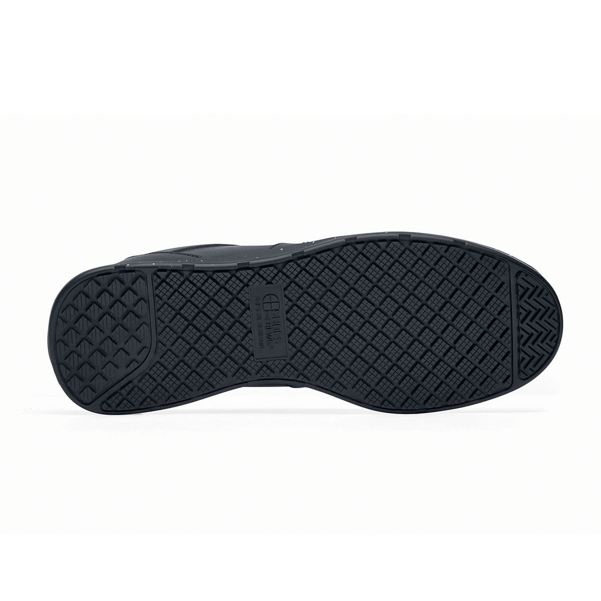 The Freestyle II Eco from Shoes For Crews are slip-resistant, lightweight shoes made from sustainable materials, seen from below.
