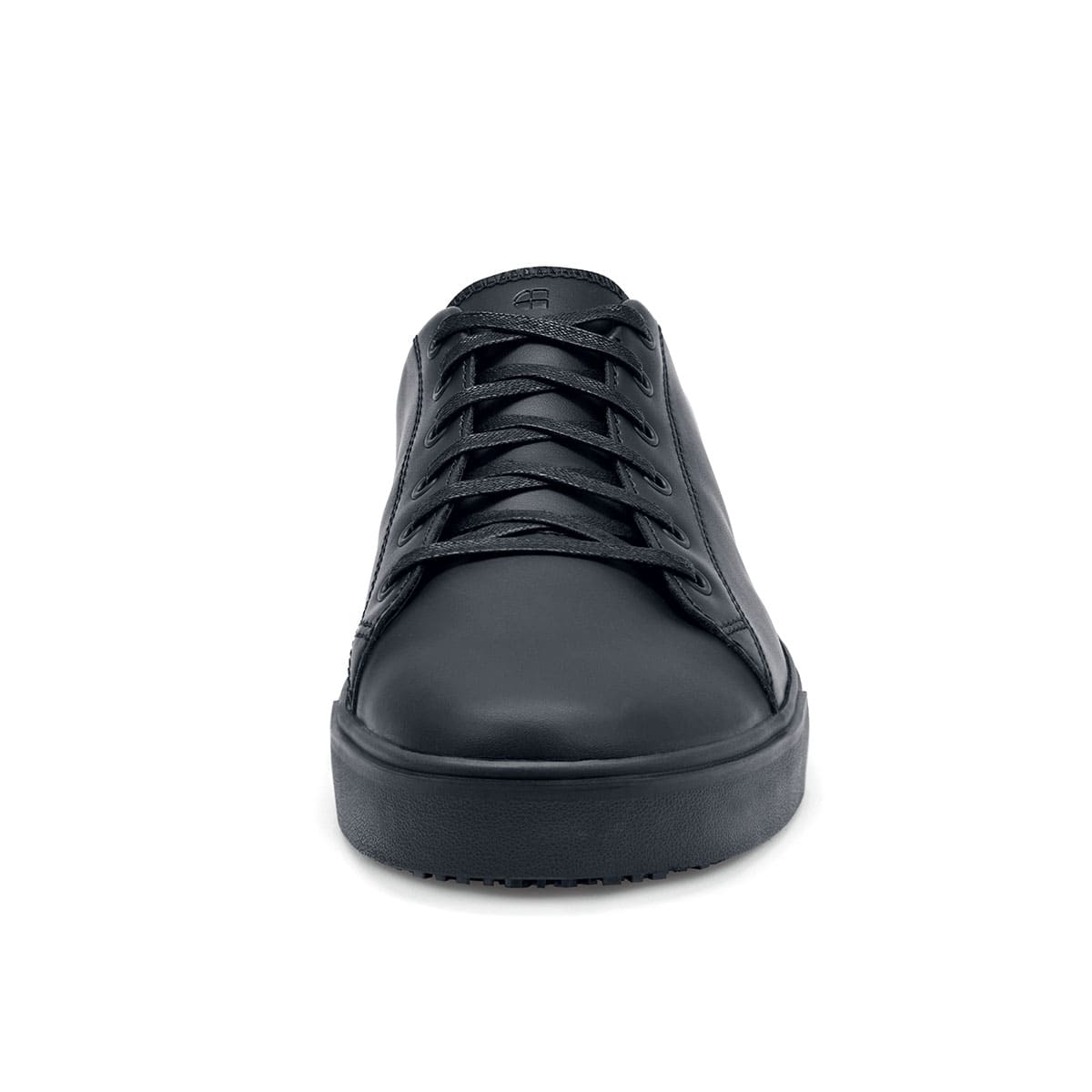 The Old School Low-Rider Black Gladiator Outsole from Shoes For Crews is a slip resistant lace-up shoe designed to provide comfort throughout the day, seen from the front.